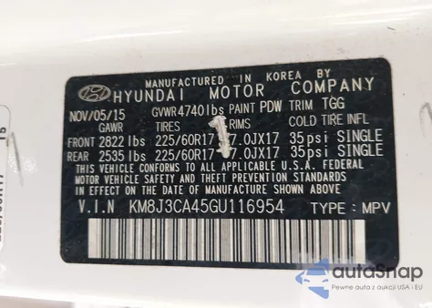 2016 Hyundai Tucson Se из США, поврежденный, VIN KM8J3CA45GU116954